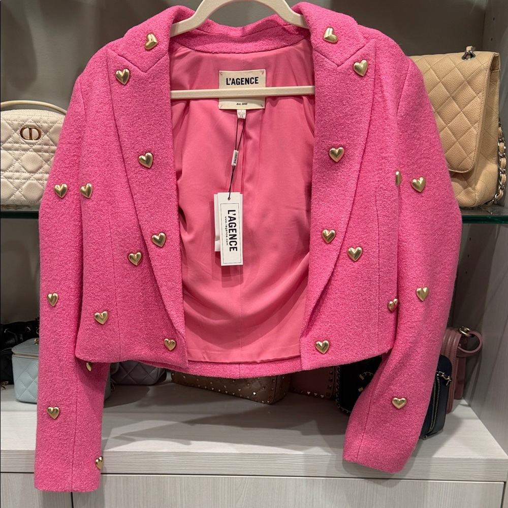 L'AGENCE Bright Pink Cropped Blazer with Gold Heart Studs